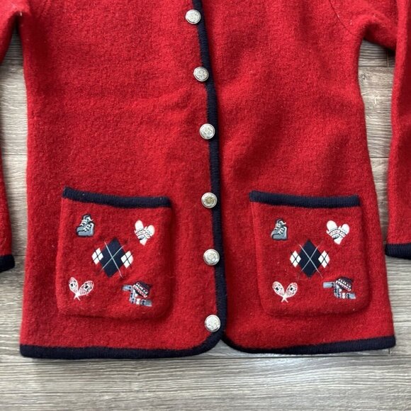 Item Co Red Boiled 100% Wool Metal Button Cardigan Sweater Womens S Embroidered - Picture 3 of 16
